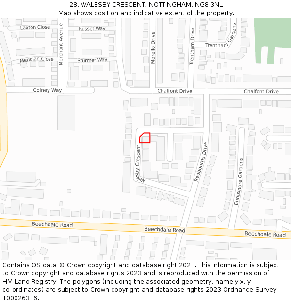 28, WALESBY CRESCENT, NOTTINGHAM, NG8 3NL: Location map and indicative extent of plot