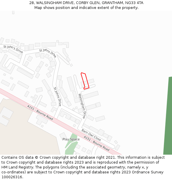 28, WALSINGHAM DRIVE, CORBY GLEN, GRANTHAM, NG33 4TA: Location map and indicative extent of plot
