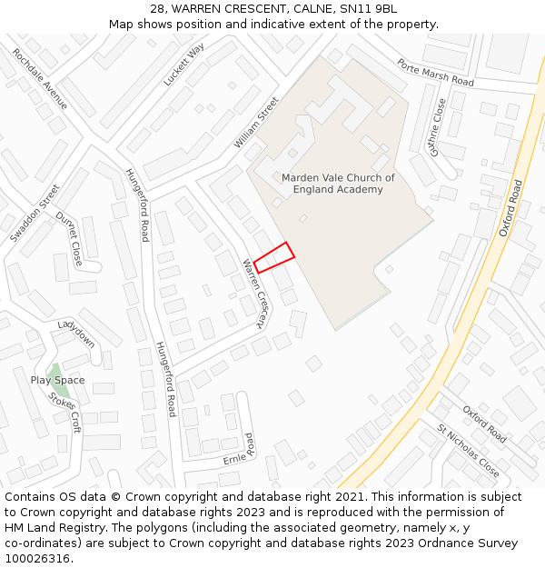 28, WARREN CRESCENT, CALNE, SN11 9BL: Location map and indicative extent of plot