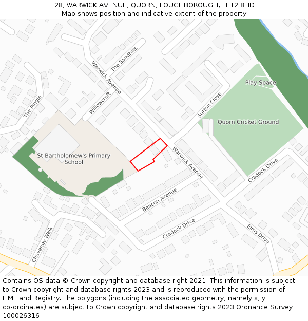 28, WARWICK AVENUE, QUORN, LOUGHBOROUGH, LE12 8HD: Location map and indicative extent of plot