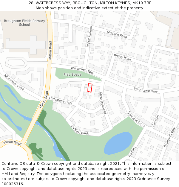 28, WATERCRESS WAY, BROUGHTON, MILTON KEYNES, MK10 7BF: Location map and indicative extent of plot