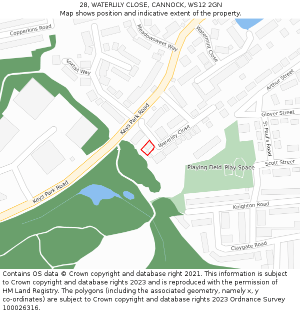 28, WATERLILY CLOSE, CANNOCK, WS12 2GN: Location map and indicative extent of plot