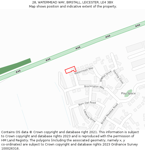 28, WATERMEAD WAY, BIRSTALL, LEICESTER, LE4 3BX: Location map and indicative extent of plot