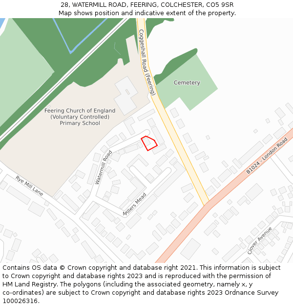 28, WATERMILL ROAD, FEERING, COLCHESTER, CO5 9SR: Location map and indicative extent of plot