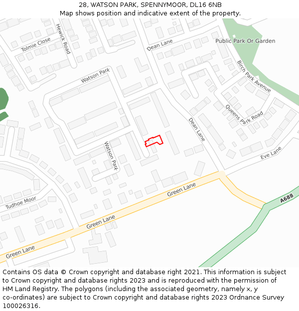 28, WATSON PARK, SPENNYMOOR, DL16 6NB: Location map and indicative extent of plot