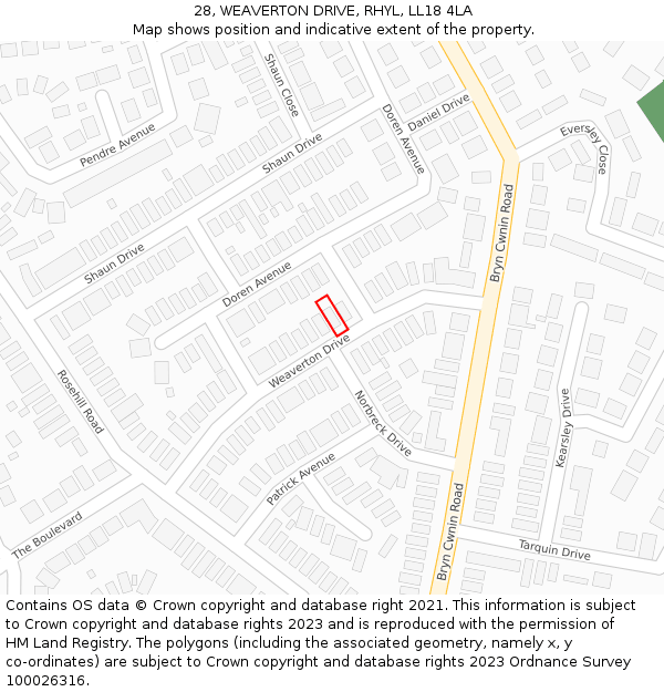 28, WEAVERTON DRIVE, RHYL, LL18 4LA: Location map and indicative extent of plot