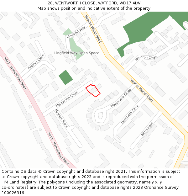28, WENTWORTH CLOSE, WATFORD, WD17 4LW: Location map and indicative extent of plot