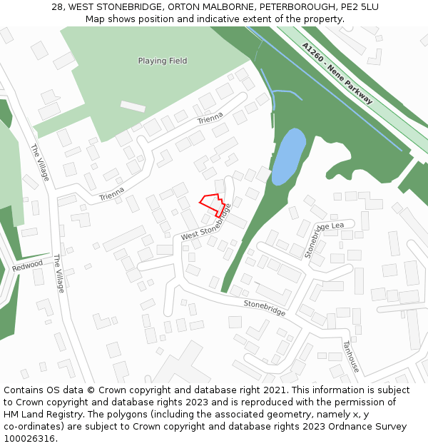 28, WEST STONEBRIDGE, ORTON MALBORNE, PETERBOROUGH, PE2 5LU: Location map and indicative extent of plot