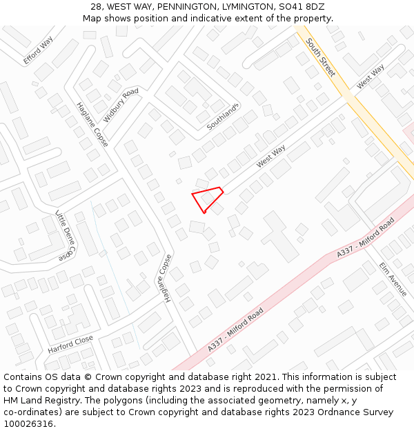 28, WEST WAY, PENNINGTON, LYMINGTON, SO41 8DZ: Location map and indicative extent of plot