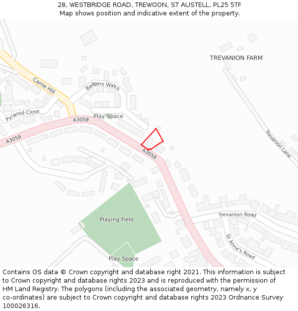 28, WESTBRIDGE ROAD, TREWOON, ST AUSTELL, PL25 5TF: Location map and indicative extent of plot