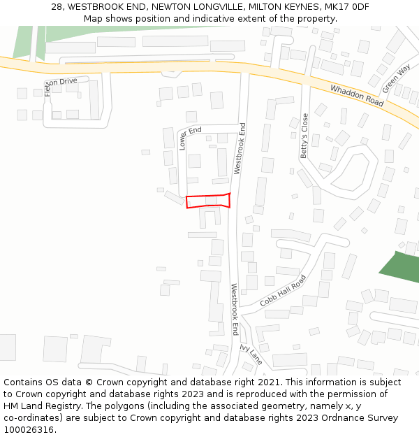 28, WESTBROOK END, NEWTON LONGVILLE, MILTON KEYNES, MK17 0DF: Location map and indicative extent of plot