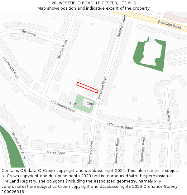 28, WESTFIELD ROAD, LEICESTER, LE3 6HS: Location map and indicative extent of plot