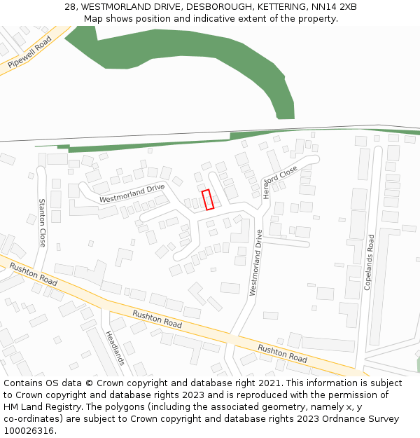 28, WESTMORLAND DRIVE, DESBOROUGH, KETTERING, NN14 2XB: Location map and indicative extent of plot