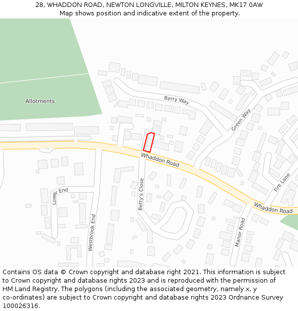 28, WHADDON ROAD, NEWTON LONGVILLE, MILTON KEYNES, MK17 0AW: Location map and indicative extent of plot