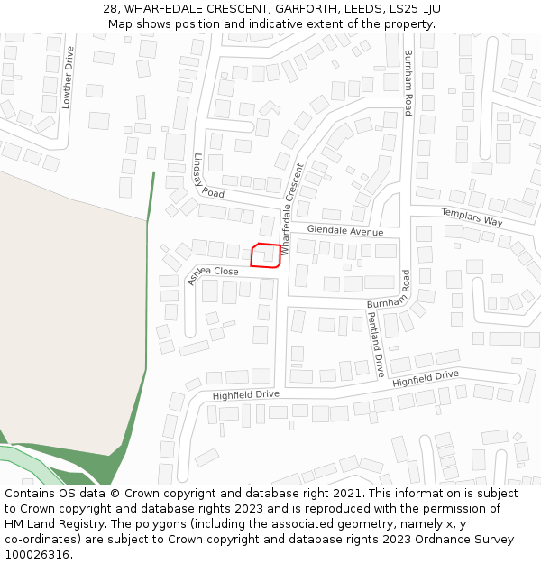 28, WHARFEDALE CRESCENT, GARFORTH, LEEDS, LS25 1JU: Location map and indicative extent of plot