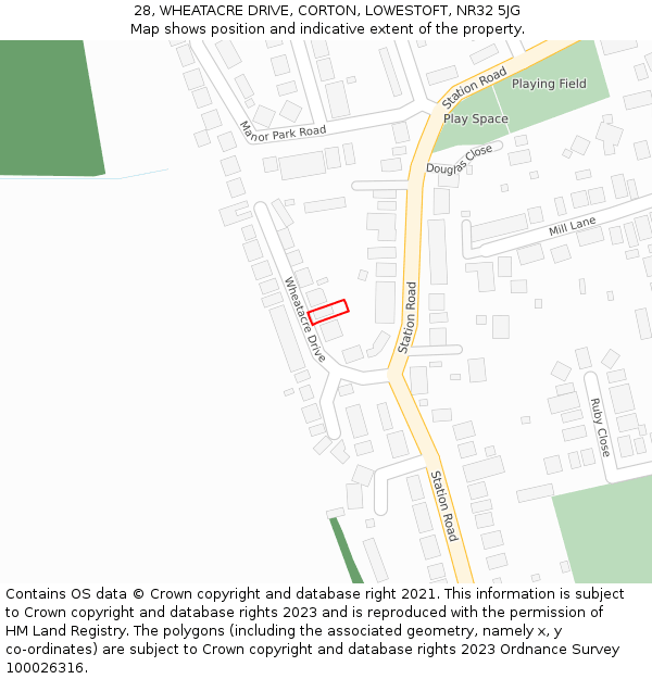 28, WHEATACRE DRIVE, CORTON, LOWESTOFT, NR32 5JG: Location map and indicative extent of plot