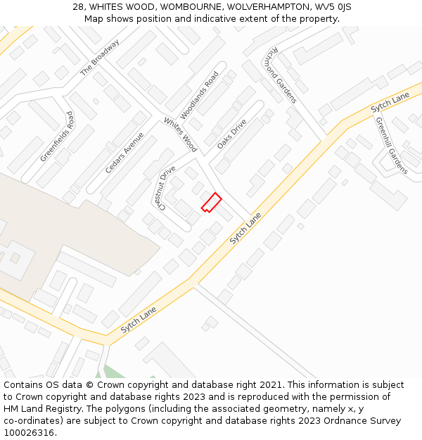 28, WHITES WOOD, WOMBOURNE, WOLVERHAMPTON, WV5 0JS: Location map and indicative extent of plot