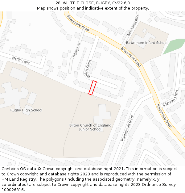 28, WHITTLE CLOSE, RUGBY, CV22 6JR: Location map and indicative extent of plot