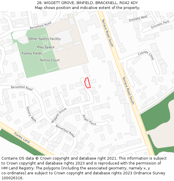 28, WIGGETT GROVE, BINFIELD, BRACKNELL, RG42 4DY: Location map and indicative extent of plot