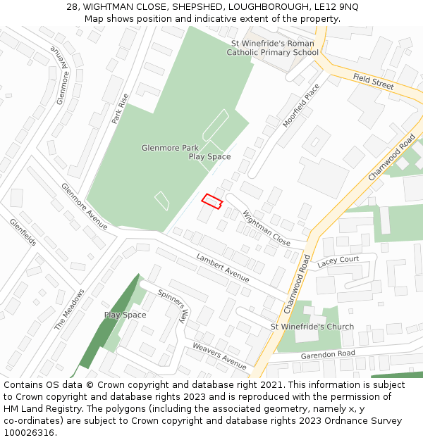 28, WIGHTMAN CLOSE, SHEPSHED, LOUGHBOROUGH, LE12 9NQ: Location map and indicative extent of plot