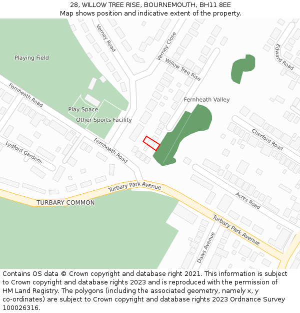 28, WILLOW TREE RISE, BOURNEMOUTH, BH11 8EE: Location map and indicative extent of plot