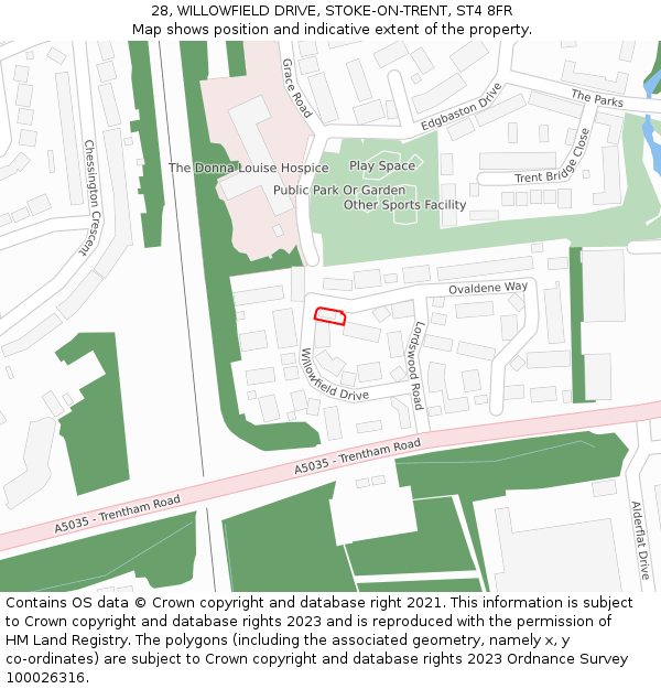 28, WILLOWFIELD DRIVE, STOKE-ON-TRENT, ST4 8FR: Location map and indicative extent of plot