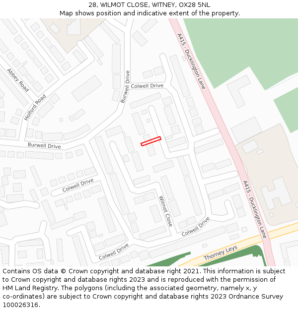 28, WILMOT CLOSE, WITNEY, OX28 5NL: Location map and indicative extent of plot