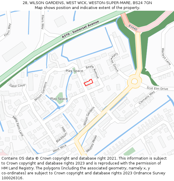 28, WILSON GARDENS, WEST WICK, WESTON-SUPER-MARE, BS24 7GN: Location map and indicative extent of plot