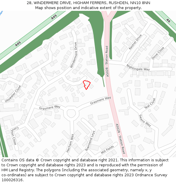 28, WINDERMERE DRIVE, HIGHAM FERRERS, RUSHDEN, NN10 8NN: Location map and indicative extent of plot