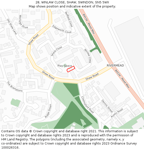 28, WINLAW CLOSE, SHAW, SWINDON, SN5 5WX: Location map and indicative extent of plot