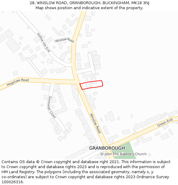 28, WINSLOW ROAD, GRANBOROUGH, BUCKINGHAM, MK18 3NJ: Location map and indicative extent of plot