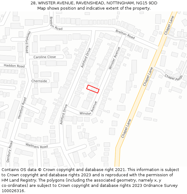 28, WINSTER AVENUE, RAVENSHEAD, NOTTINGHAM, NG15 9DD: Location map and indicative extent of plot