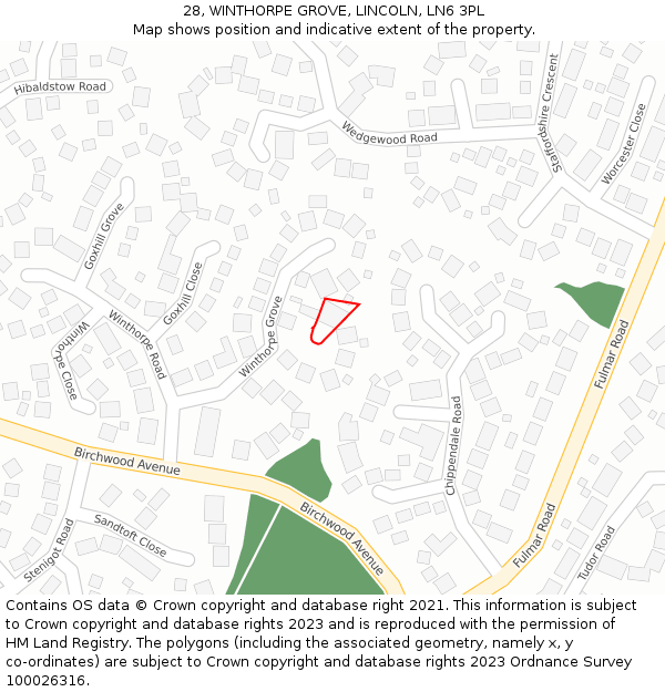 28, WINTHORPE GROVE, LINCOLN, LN6 3PL: Location map and indicative extent of plot