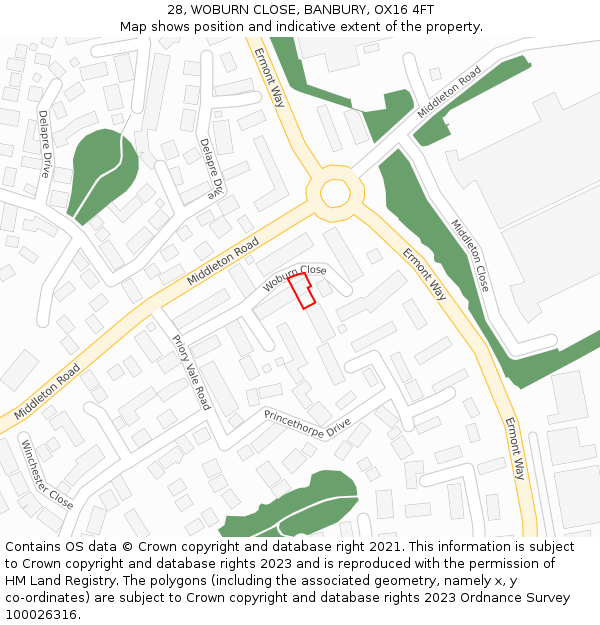 28, WOBURN CLOSE, BANBURY, OX16 4FT: Location map and indicative extent of plot