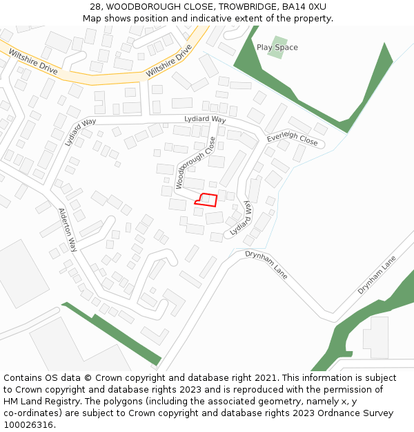 28, WOODBOROUGH CLOSE, TROWBRIDGE, BA14 0XU: Location map and indicative extent of plot
