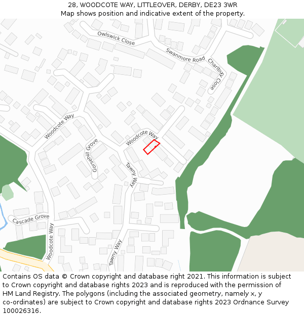 28, WOODCOTE WAY, LITTLEOVER, DERBY, DE23 3WR: Location map and indicative extent of plot