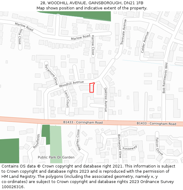 28, WOODHILL AVENUE, GAINSBOROUGH, DN21 1FB: Location map and indicative extent of plot