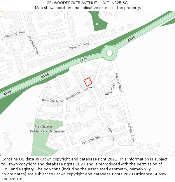 28, WOODPECKER AVENUE, HOLT, NR25 6GJ: Location map and indicative extent of plot