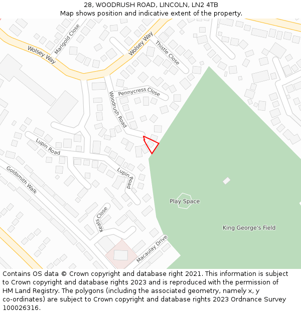 28, WOODRUSH ROAD, LINCOLN, LN2 4TB: Location map and indicative extent of plot