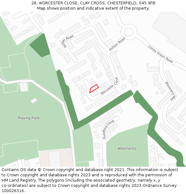 28, WORCESTER CLOSE, CLAY CROSS, CHESTERFIELD, S45 9FB: Location map and indicative extent of plot