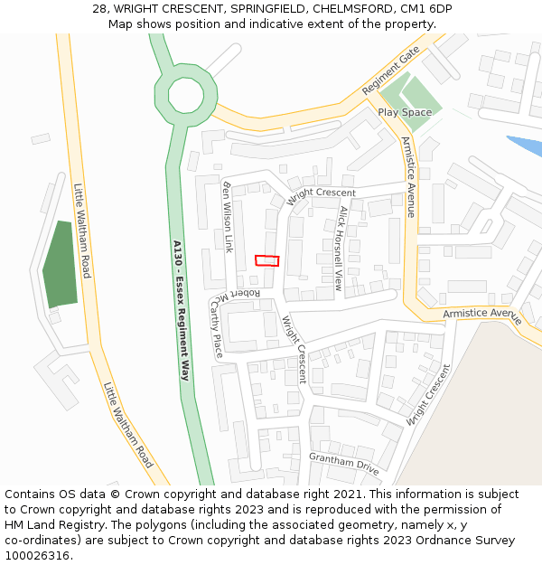 28, WRIGHT CRESCENT, SPRINGFIELD, CHELMSFORD, CM1 6DP: Location map and indicative extent of plot