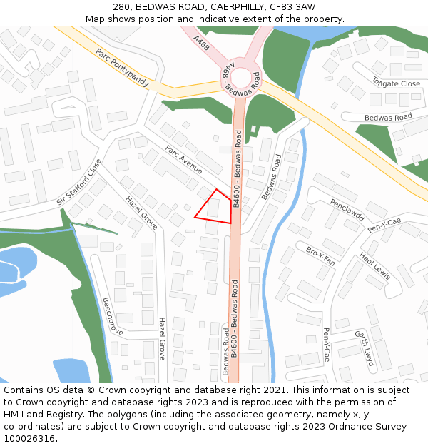280, BEDWAS ROAD, CAERPHILLY, CF83 3AW: Location map and indicative extent of plot