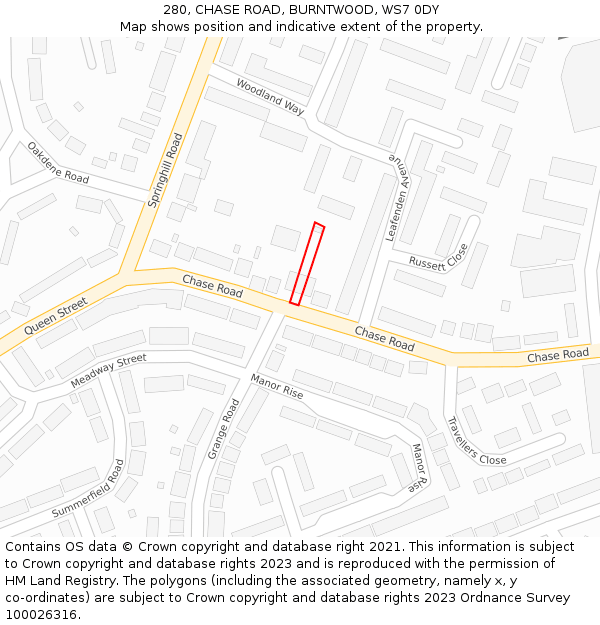 280, CHASE ROAD, BURNTWOOD, WS7 0DY: Location map and indicative extent of plot