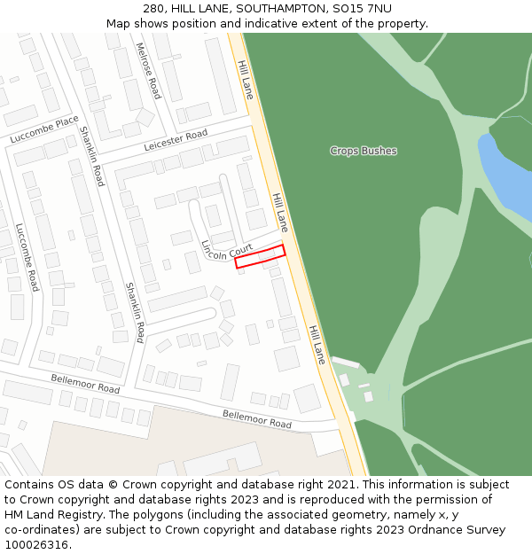 280, HILL LANE, SOUTHAMPTON, SO15 7NU: Location map and indicative extent of plot