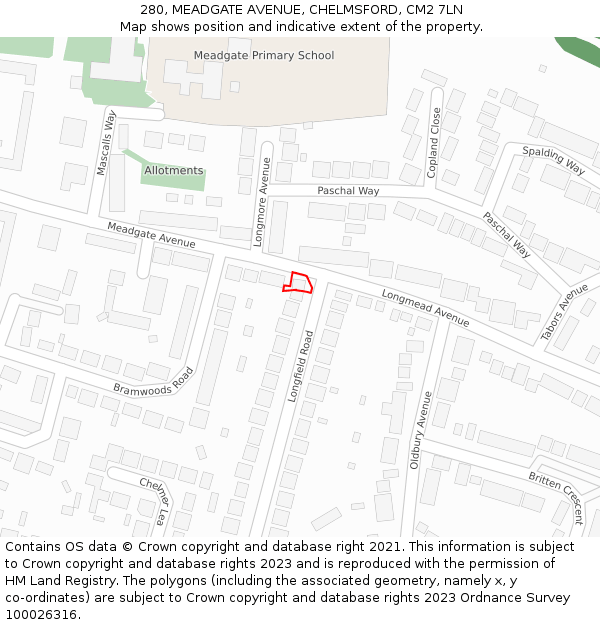 280, MEADGATE AVENUE, CHELMSFORD, CM2 7LN: Location map and indicative extent of plot