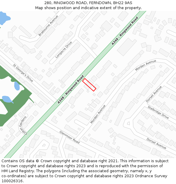 280, RINGWOOD ROAD, FERNDOWN, BH22 9AS: Location map and indicative extent of plot