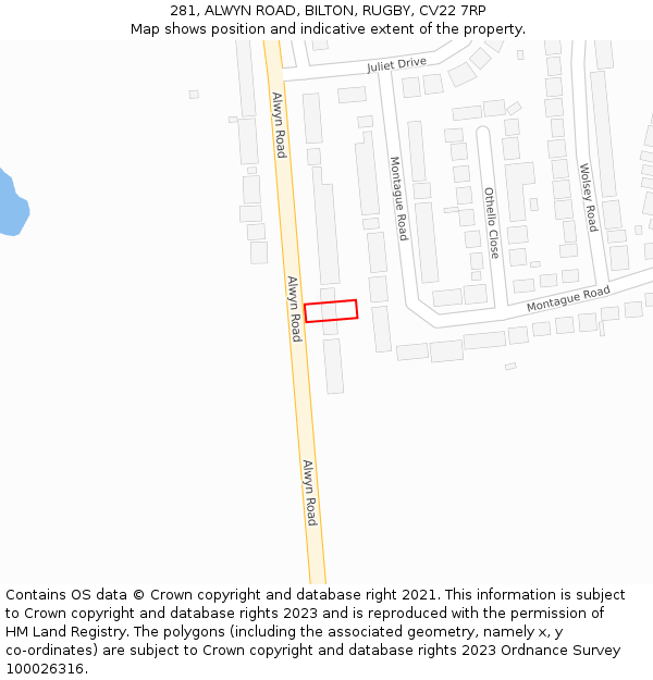 281, ALWYN ROAD, BILTON, RUGBY, CV22 7RP: Location map and indicative extent of plot