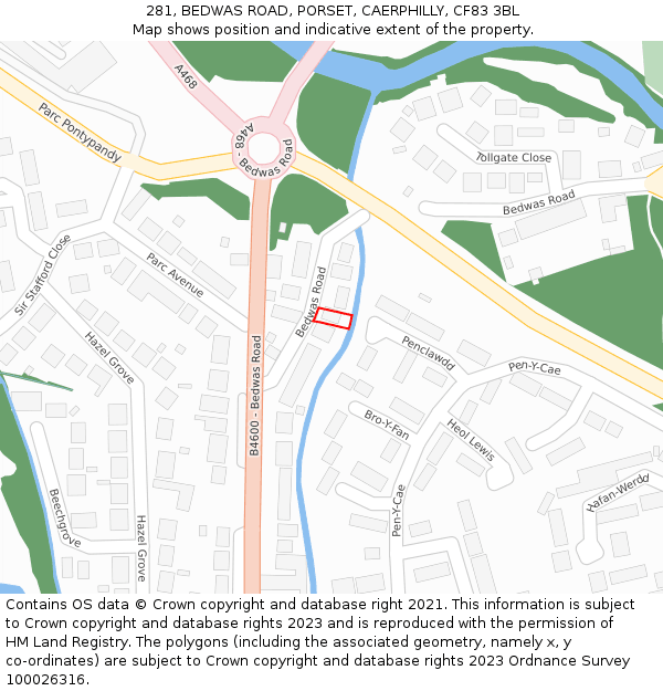 281, BEDWAS ROAD, PORSET, CAERPHILLY, CF83 3BL: Location map and indicative extent of plot