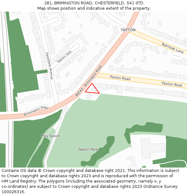 281, BRIMINGTON ROAD, CHESTERFIELD, S41 0TD: Location map and indicative extent of plot