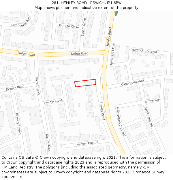 281, HENLEY ROAD, IPSWICH, IP1 6RW: Location map and indicative extent of plot